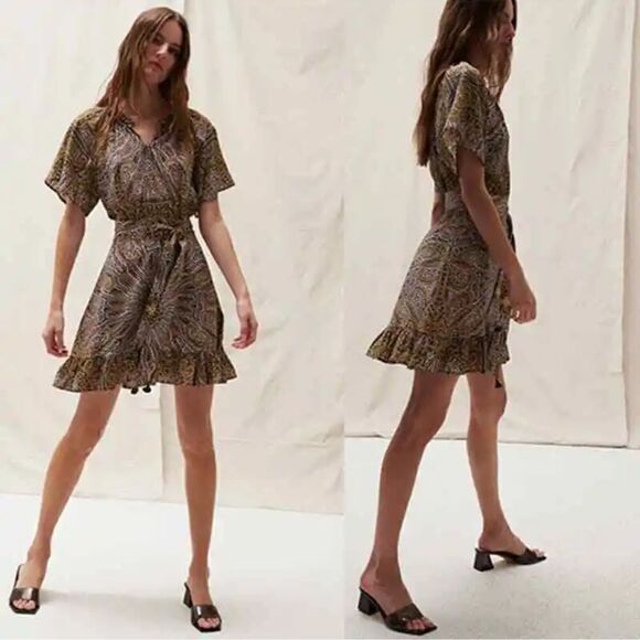 NWT Figue Cleo Silk Ruffle Neck Belted Dress in Medallion Multi Spruce XS - Picture 11 of 15